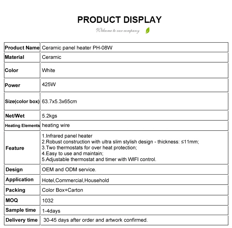 Wall-Mounted 425W WiFi Control Electric Ceramic Panel Heater with Timer Function